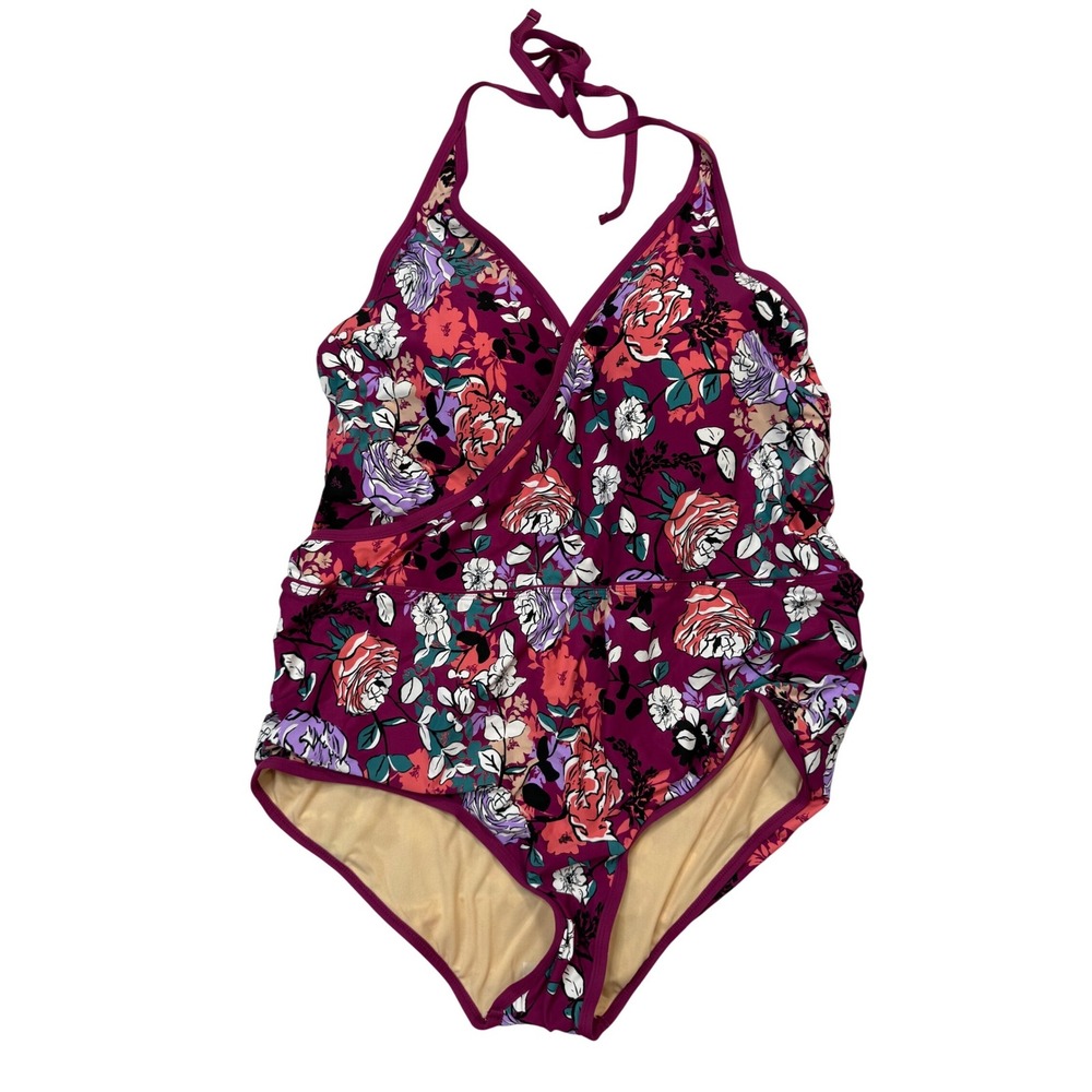 Sea Angel One Piece Swimsuit Womens 3X Burgundy Floral NWT Halter Wrap Front